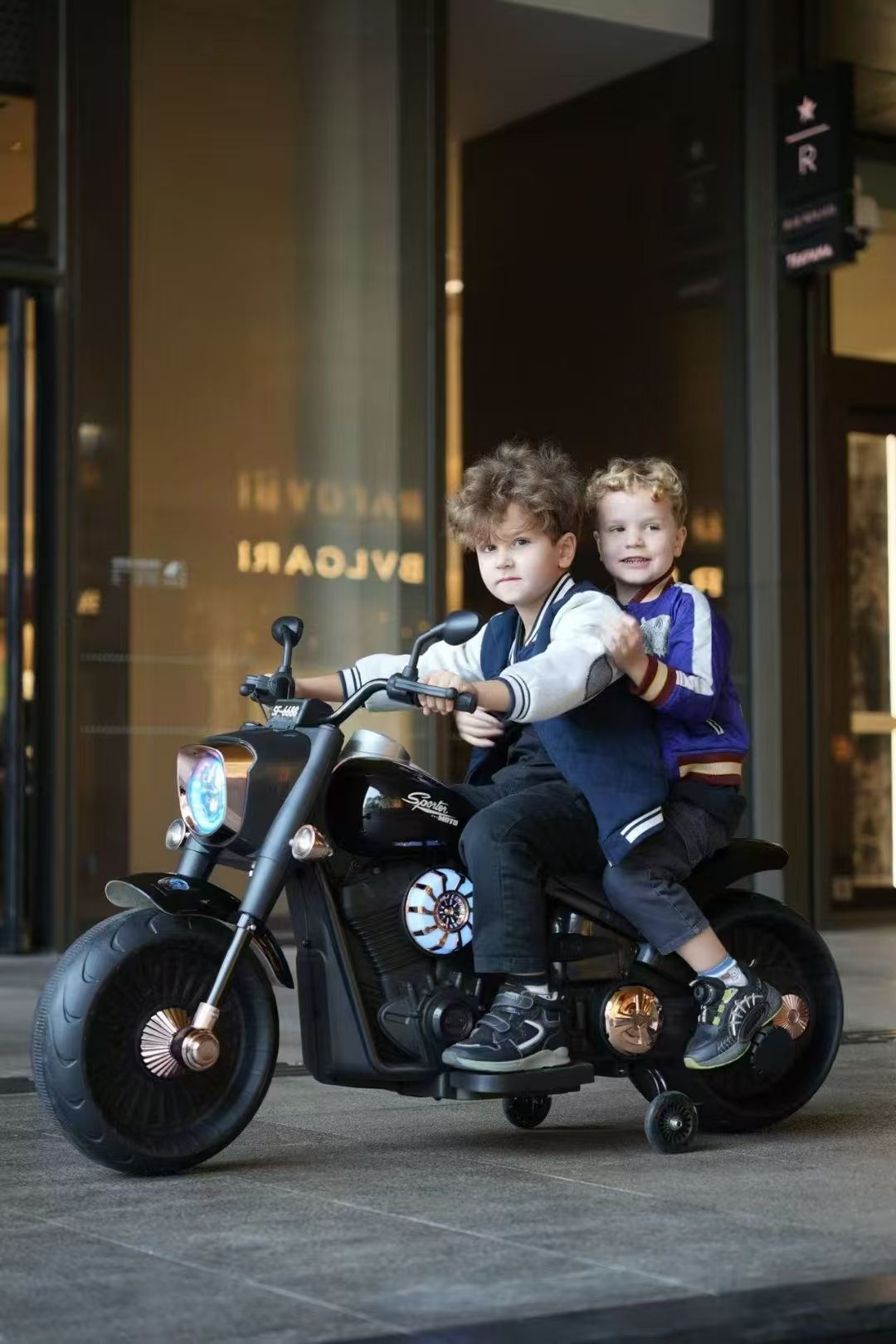 Electric Motorcycle with Dual Riding | Support Tyres Included | Fat Tyres Harley Style | LED Lights and Music | Premium Imported Quality