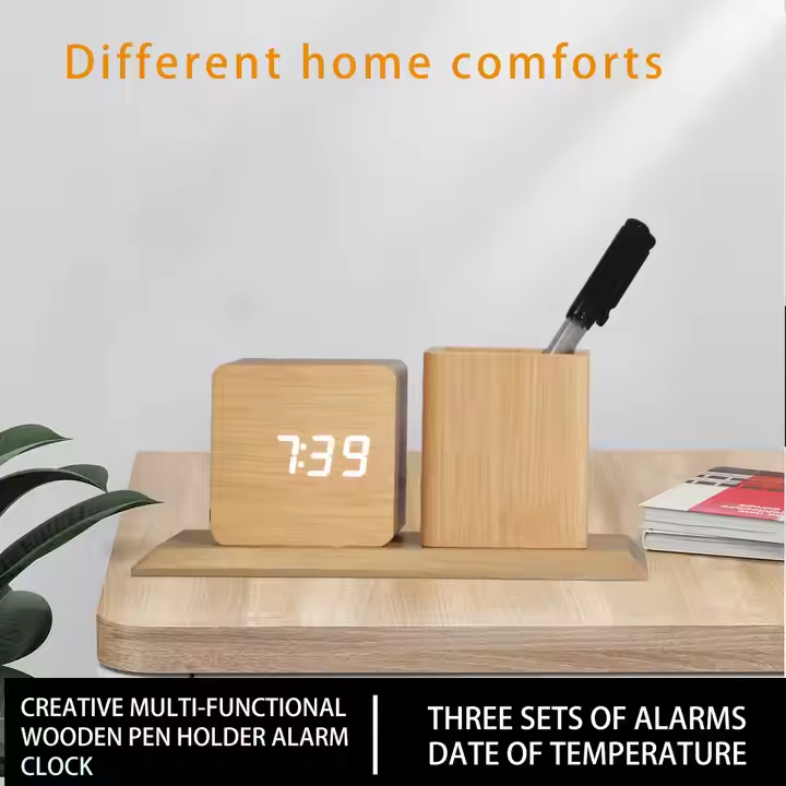 Wooden Desk Clock & Pen Stand – Bamboo Finish