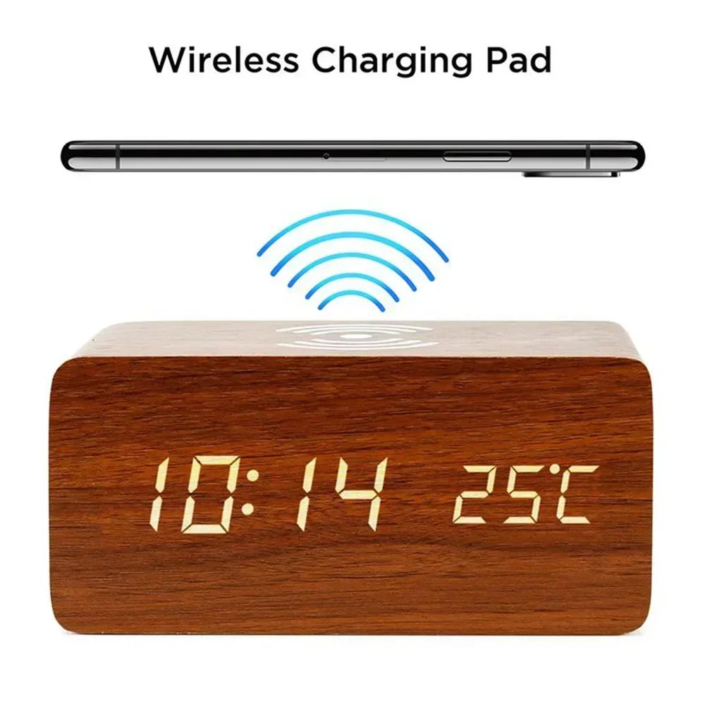 Wireless Charging Wooden Alarm Clock with Digital Display & LED