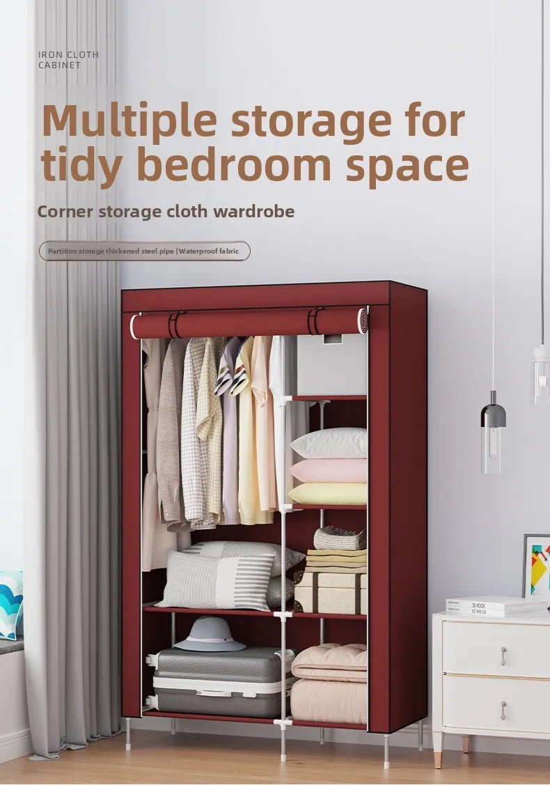 Foldable Non-Woven Dustproof Wardrobe with Hanging Rail & Shelves