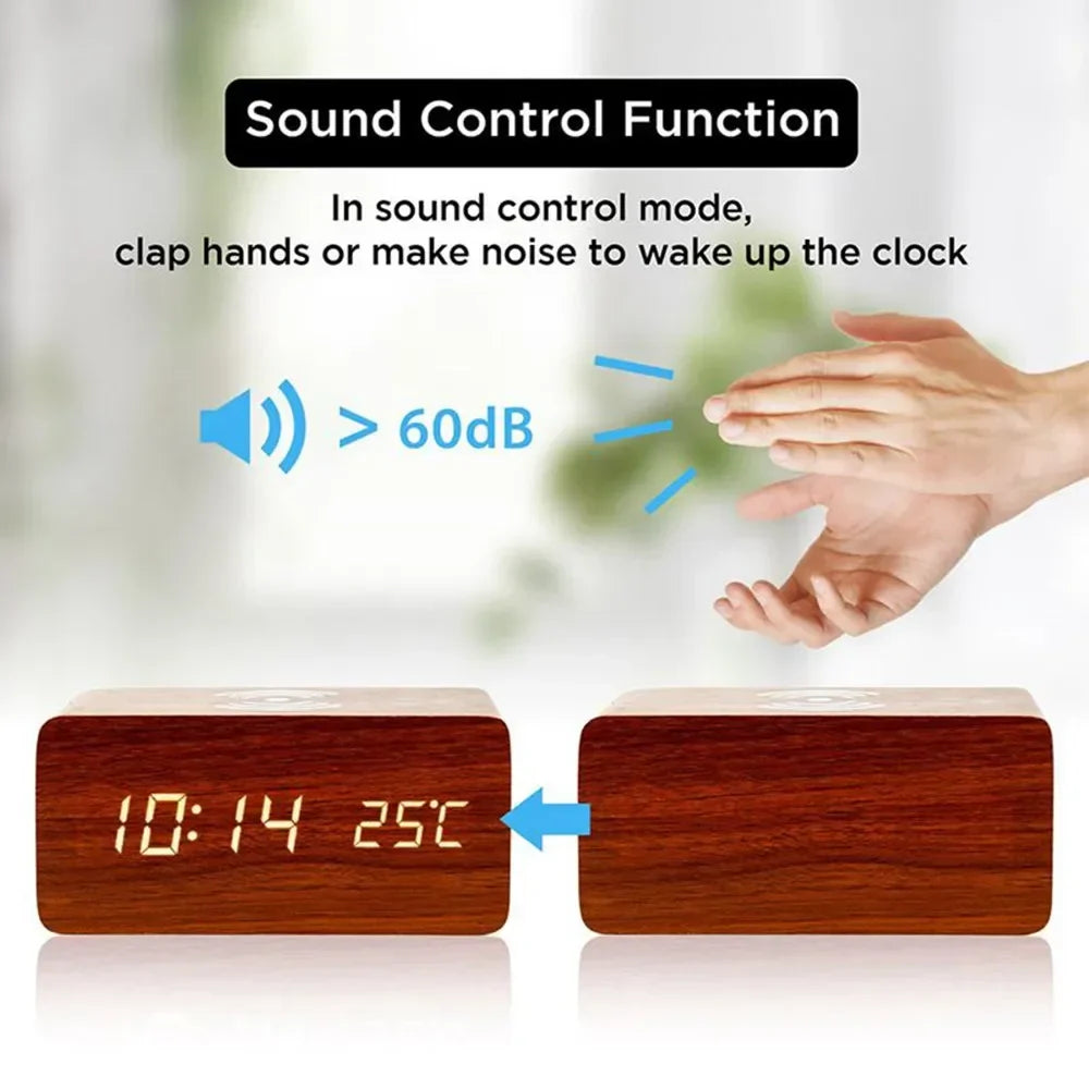 Wireless Charging Wooden Alarm Clock with Digital Display & LED