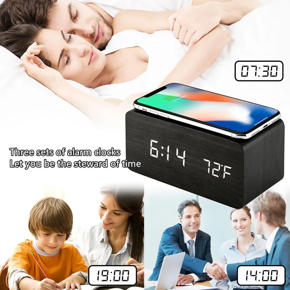 Wireless Charging Wooden Alarm Clock with Digital Display & LED