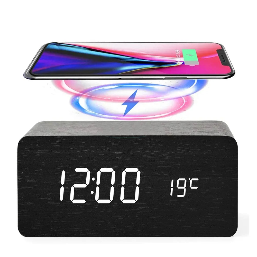 Wireless Charging Wooden Alarm Clock with Digital Display & LED