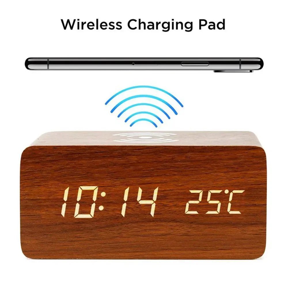 Wireless Charging Wooden Alarm Clock with Digital Display & LED