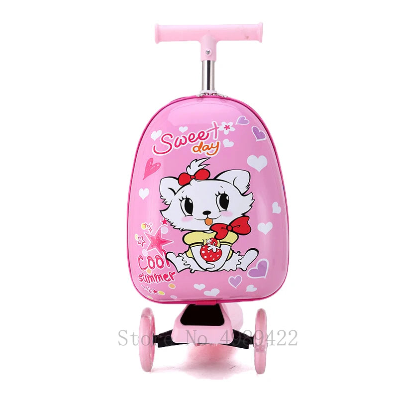 Cute Cartoon kids scooter suitcase on wheels Lazy trolley bag children carry on cabin travel rolling luggage Skateboard bag gift