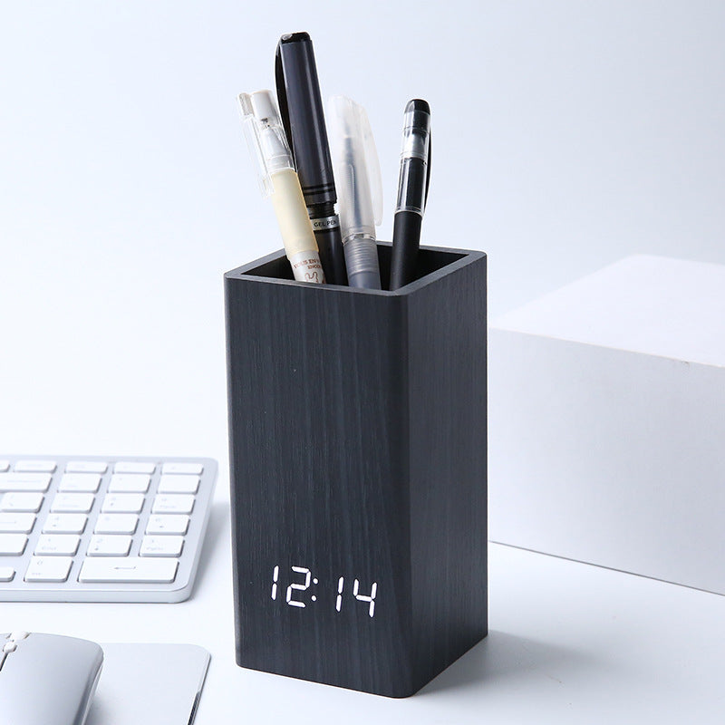 LED Desktop Clock & Pen Holder with Sound Control & Calendar