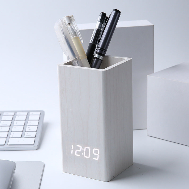 LED Desktop Clock & Pen Holder with Sound Control & Calendar