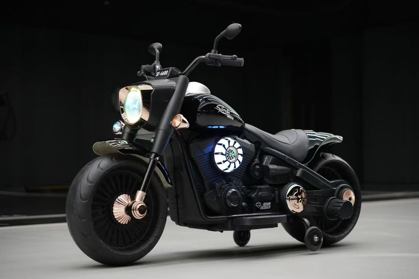 Electric Motorcycle with Dual Riding | Support Tyres Included | Fat Tyres Harley Style | LED Lights and Music | Premium Imported Quality