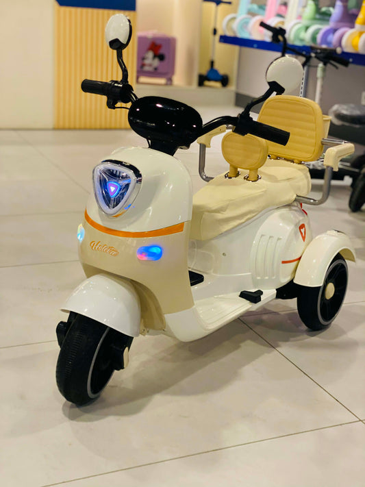 Premium Electric Vespa Ride-On Kids Scooter with Backrest & Safety Support – 3-Wheel Design