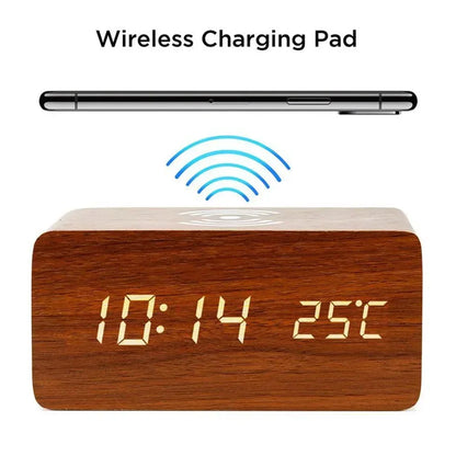 Wireless Charging Wooden Alarm Clock with Digital Display & LED
