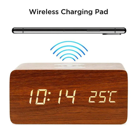 Wireless Charging Wooden Alarm Clock with Digital Display & LED