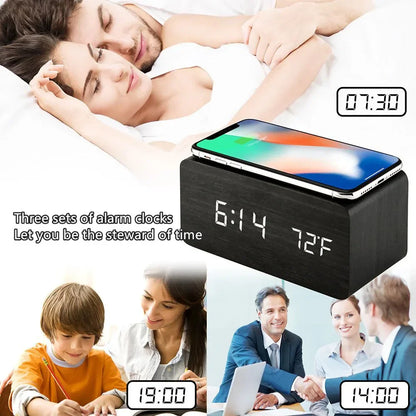 Wireless Charging Wooden Alarm Clock with Digital Display & LED
