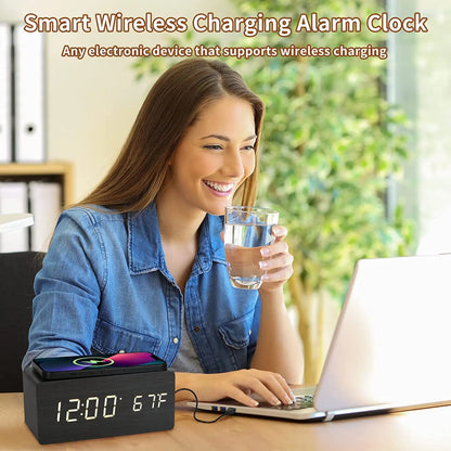 Wireless Charging Wooden Alarm Clock with Digital Display & LED