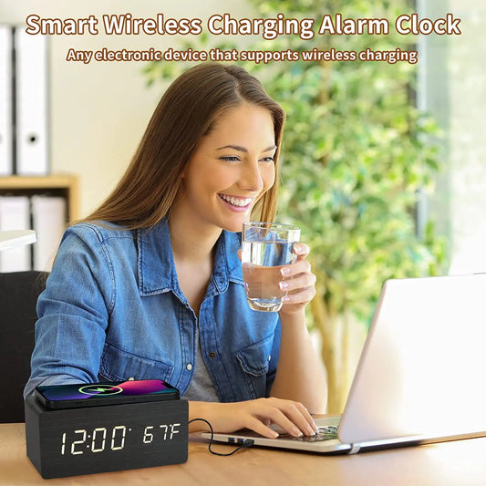 Wireless Charging Wooden Alarm Clock with Digital Display & LED