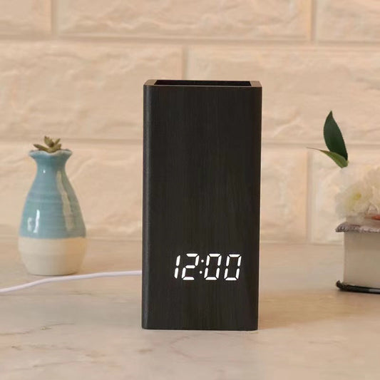 LED Desktop Clock & Pen Holder with Sound Control & Calendar