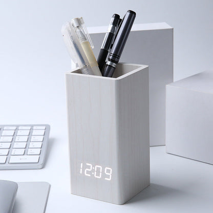 LED Desktop Clock & Pen Holder with Sound Control & Calendar