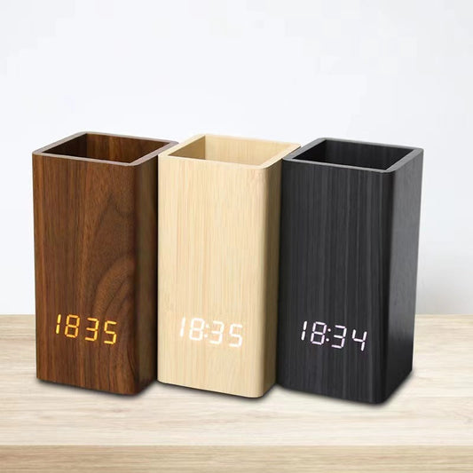 LED Desktop Clock & Pen Holder with Sound Control & Calendar